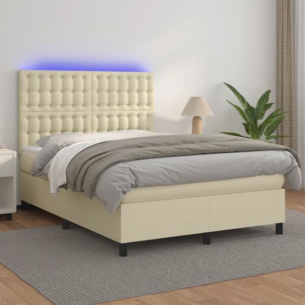 vidaXL Cama box spring colch&oacute;n y LED cuero sint&eacute;tico crema 140x190 cm