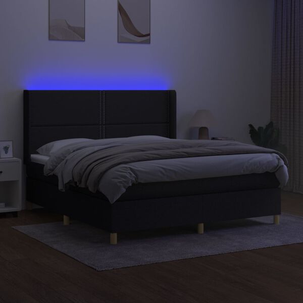 vidaXL Cama box spring colch&oacute;n y luces LED tela negro 180x200 cm
