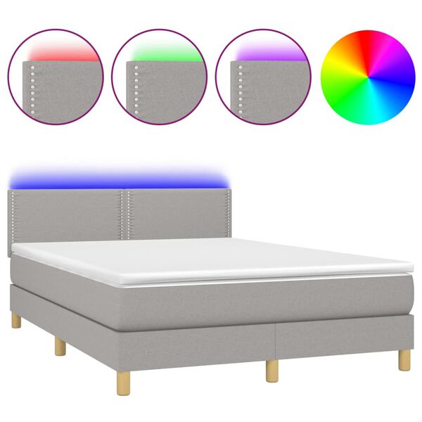vidaXL Cama box spring colch&oacute;n y luces LED tela gris claro 140x200 cm