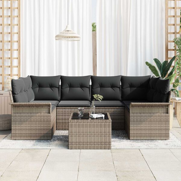 vidaXL Conjunto de sof&aacute; de jard&iacute;n 7 pcs Gris Polirat&aacute;n, Acero y Vidrio