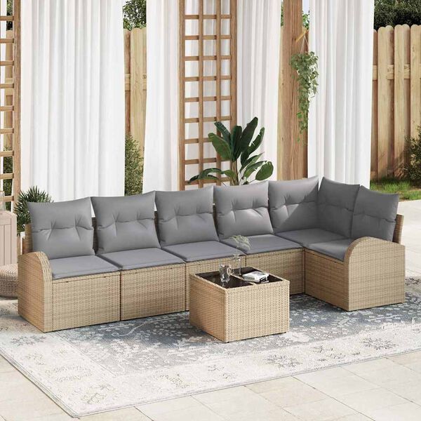 vidaXL Conjunto de sof&aacute; de jard&iacute;n con coj&iacute;n 7 pcs Beige Polirat&aacute;n