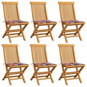 vidaXL Sillas plegables con cojines de estampado de cuadros rojos, 6 unidades, madera maciza de teca.