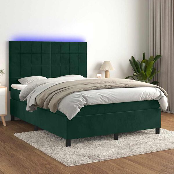 vidaXL Cama box spring colch&oacute;n y LED terciopelo verde oscuro 140x190cm