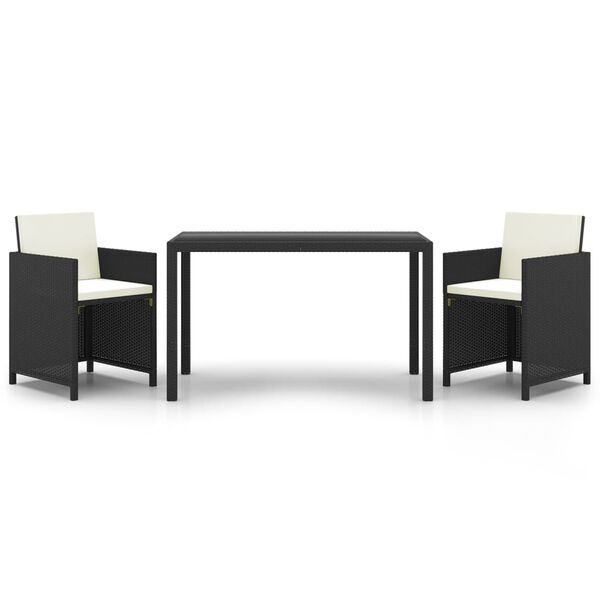 vidaXL Set de comedor de jard&iacute;n 3 pzas y cojines rat&aacute;n sint&eacute;tico negro
