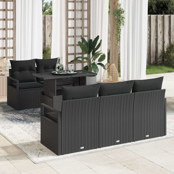 vidaXL Conjunto de sof&aacute; de jard&iacute;n con coj&iacute;n 6 pcs Negro Polirat&aacute;n