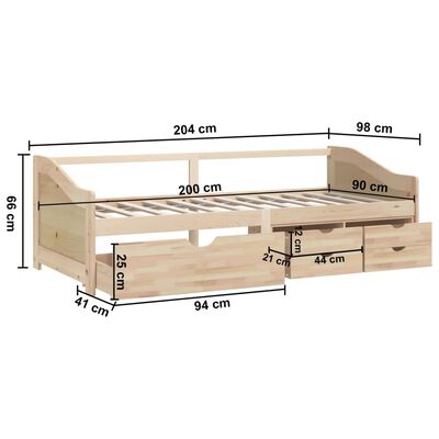 vidaXL Sofá cama 3 plazas con cajones madera maciza pino 90x200 cm