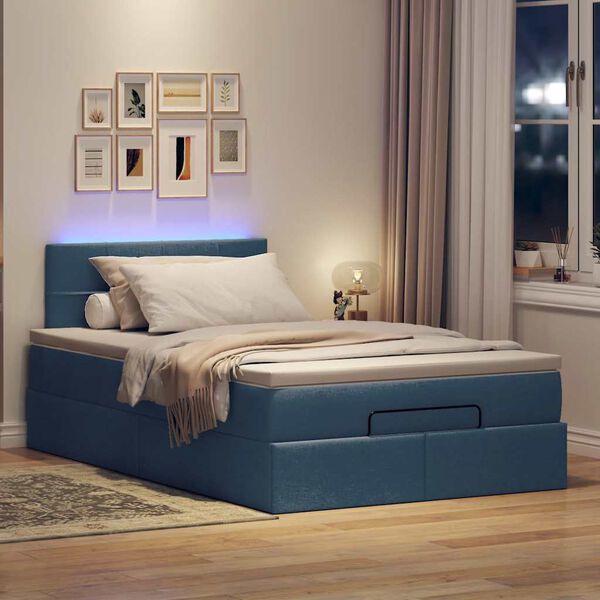 vidaXL Cama otomana con colch&oacute;n y luces LED tela azul 120x190cm