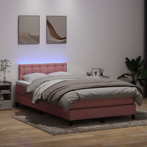 vidaXL Cama box spring con colch&oacute;n y LED terciopelo rosa 120x220 cm