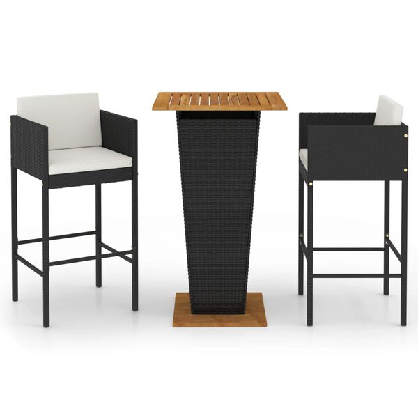 vidaXL Set muebles bar jardín 3 piezas y cojines ratán sintético negro