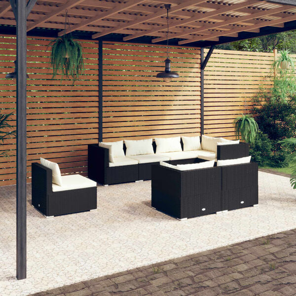 vidaXL Set de muebles de jard&iacute;n 8 pzas y cojines rat&aacute;n sint&eacute;tico negro