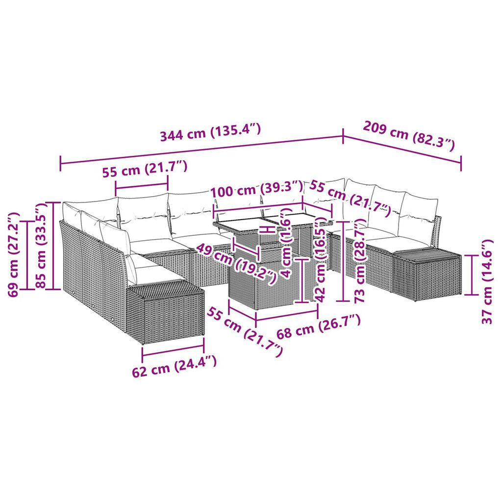 vidaXL Sofá de jardín de 11 piezas con cojines beige de ratán sintético