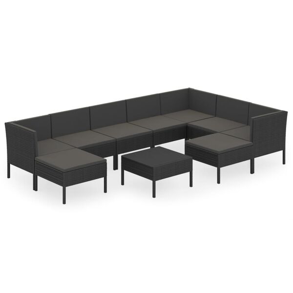 vidaXL Set de muebles de jard&iacute;n 10 pzas cojines rat&aacute;n sint&eacute;tico negro