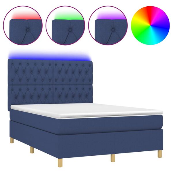 vidaXL Cama box spring colch&oacute;n y luces LED tela azul 140x200 cm