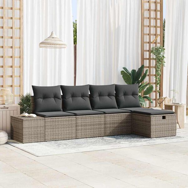 vidaXL Conjunto de sof&aacute;s de jard&iacute;n 5 pcs Gris rat&aacute;n sint&eacute;tico