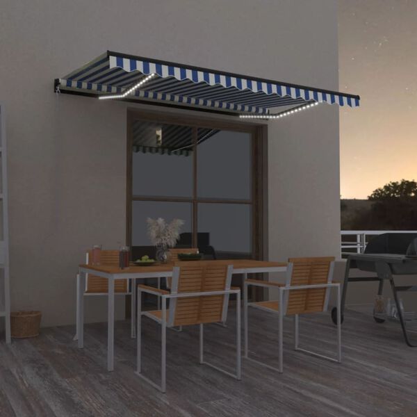 vidaXL Toldo manual retráctil con LED azul y blanco 400x350 cm