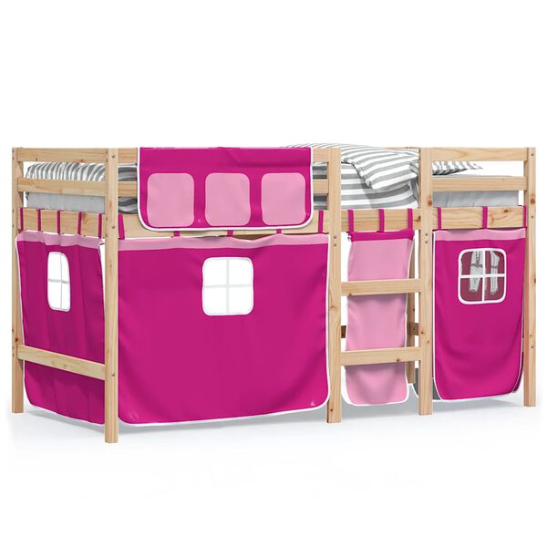 vidaXL Cama alta para ni&ntilde;os con cortinas madera pino rosa 90x190 cm