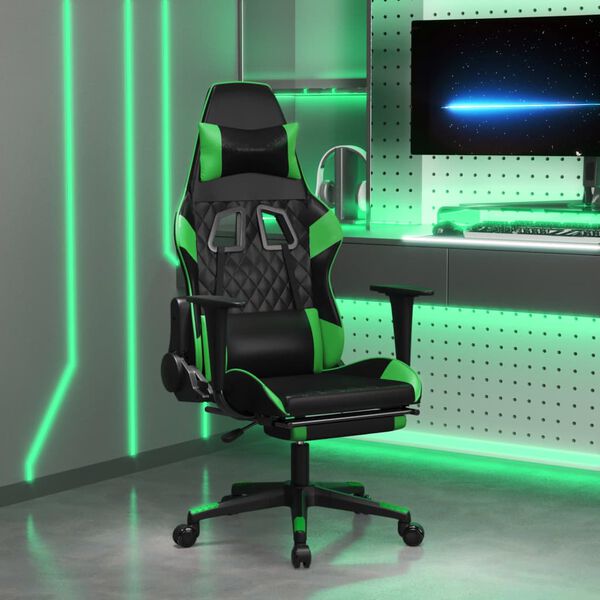 vidaXL Silla gaming con reposapi&eacute;s cuero sint&eacute;tico negro verde