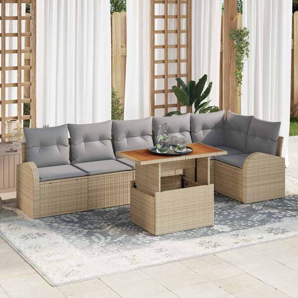 vidaXL Conjunto de sof&aacute; de jard&iacute;n 7 pcs Beige Polirat&aacute;n