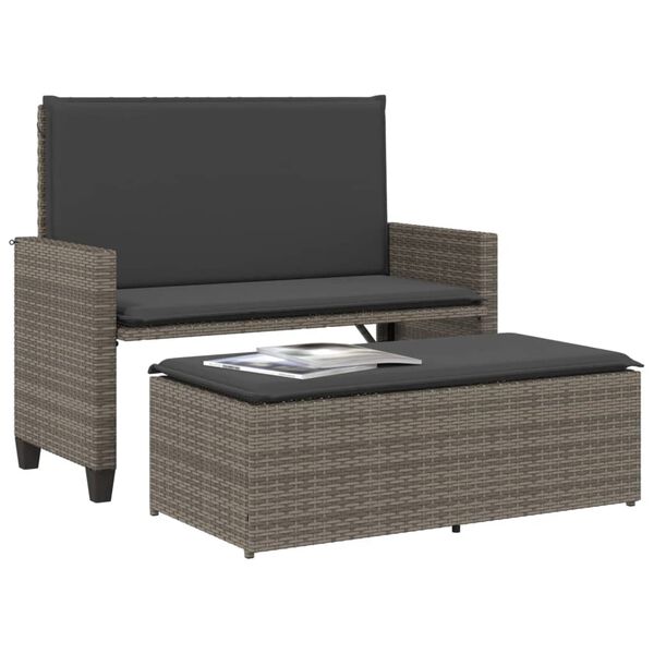 vidaXL Banco de jardín con cojines y reposapiés ratán sintético gris