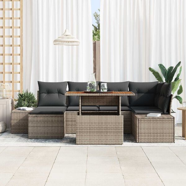 vidaXL Conjunto de sof&aacute; de jard&iacute;n 7 pcs Gris Polirat&aacute;n