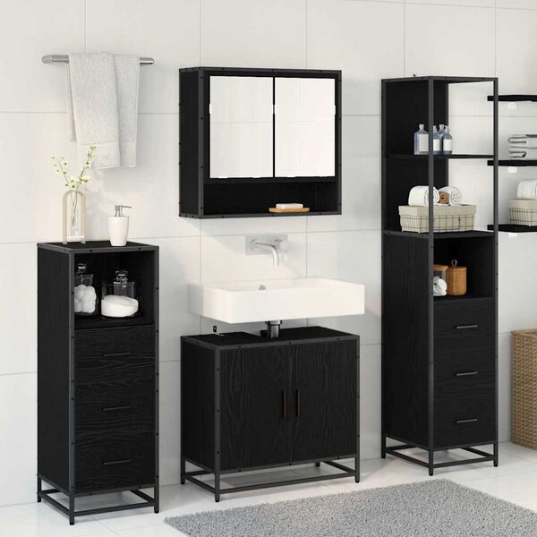 vidaXL Juego de muebles de ba&ntilde;o 4 pcs Roble Negro Madera de ingenier&iacute;a