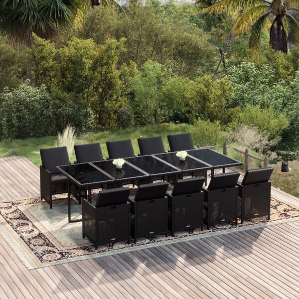 vidaXL Set de comedor jard&iacute;n 11 pzas con cojines rat&aacute;n sint&eacute;tico negro