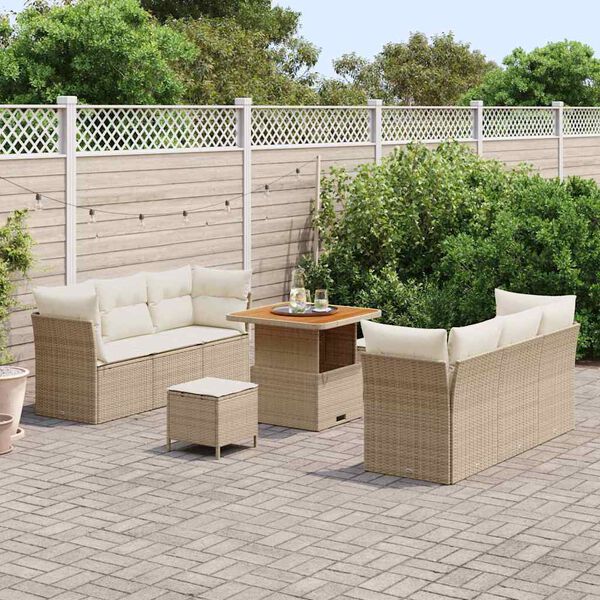 vidaXL Conjunto de sof&aacute; de jard&iacute;n 9 pcs Beige y Crema rat&aacute;n sint&eacute;tico