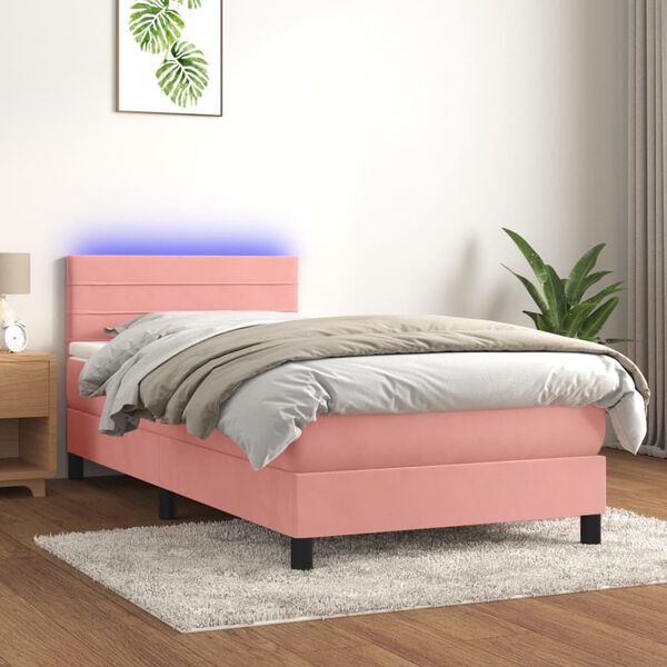 vidaXL Cama box spring colch&oacute;n y LED terciopelo rosa 100x200 cm