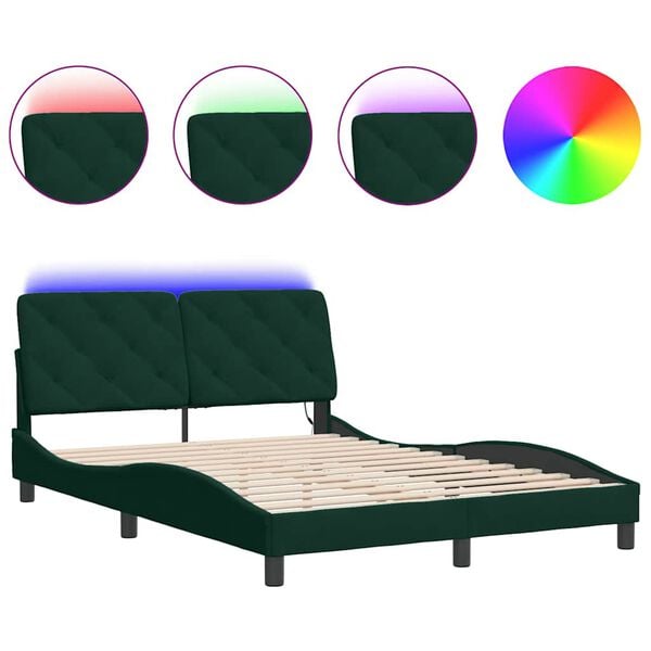 vidaXL Estructura de cama con LED sin colch&oacute;n terciopelo verde oscuro 140x200 cm