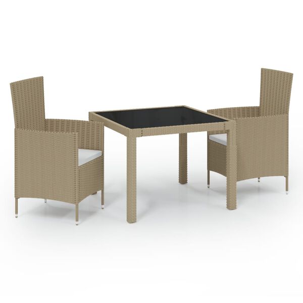 vidaXL Set de comedor de jard&iacute;n 3 pzas y cojines rat&aacute;n sint&eacute;tico beige