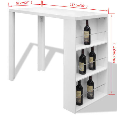 vidaXL Mesa alta de cocina con estantes para botellas blanca brillante