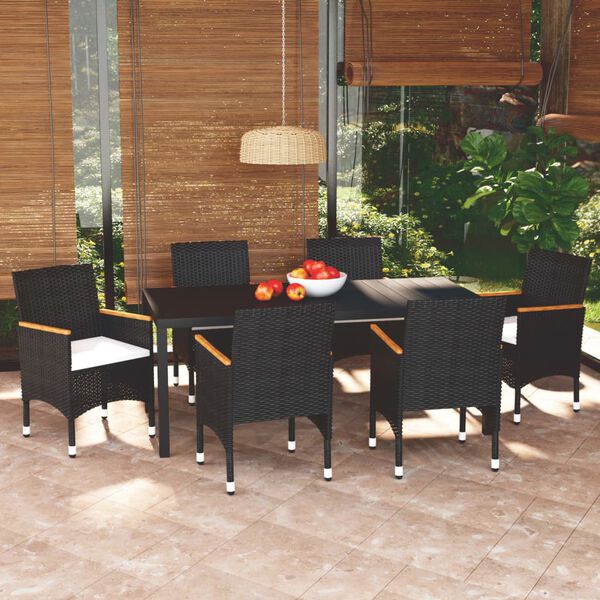 vidaXL Set de comedor de jard&iacute;n 7 pzas y cojines rat&aacute;n sint&eacute;tico negro