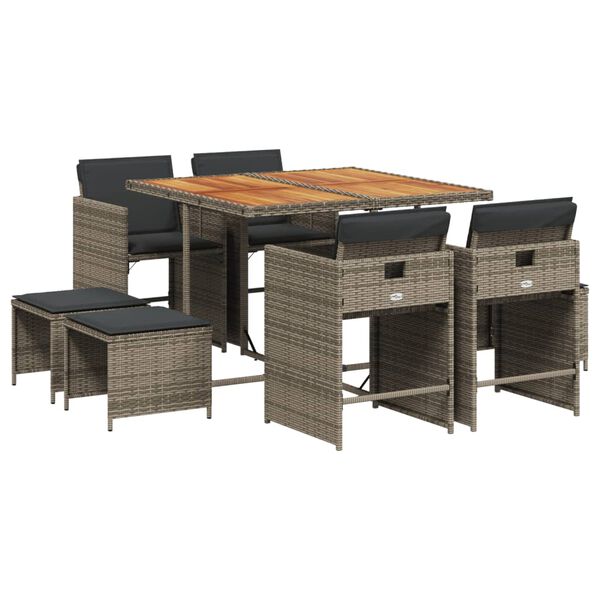 vidaXL Set comedor jard&iacute;n 9 pzas y cojines rat&aacute;n sint&eacute;tico gris