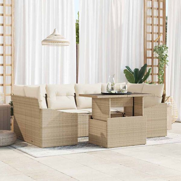 vidaXL Conjunto de sof&aacute; de jard&iacute;n 7 pcs Beige y Crema rat&aacute;n sint&eacute;tico
