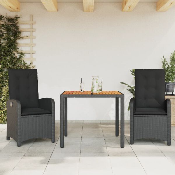 vidaXL Set comedor de jardín 3 pzas con cojines ratán sintético negro