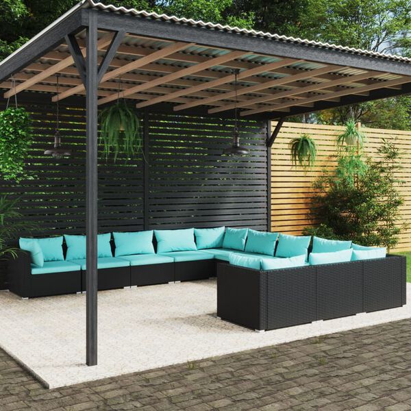 vidaXL Set de muebles de jard&iacute;n 11 pzas cojines rat&aacute;n sint&eacute;tico negro