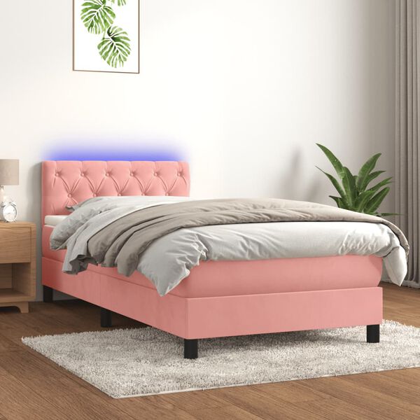 vidaXL Cama box spring colch&oacute;n y LED terciopelo rosa 80x200 cm