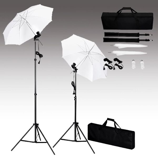 vidaXL Kit estudio fotogr&aacute;fico telones de fondo, l&aacute;mparas y paraguas