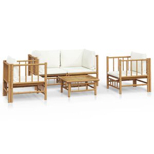 vidaXL Set de muebles de jard&iacute;n 5 piezas bamb&uacute; y cojines blanco crema