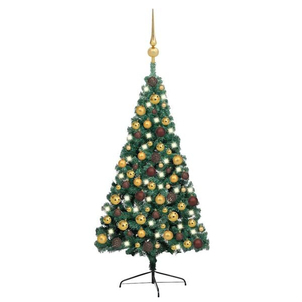 vidaXL Medio &aacute;rbol de Navidad con luces y bolas verde 150 cm