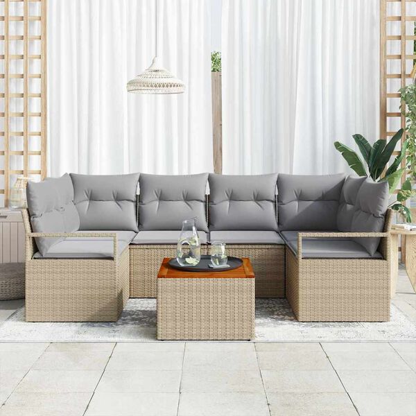 vidaXL Conjunto de sofá de jardín con cojín 7 pcs Beige Poliratán