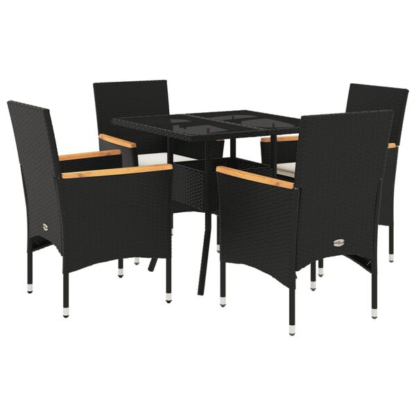 vidaXL Set comedor jard&iacute;n 5 pzas cojines rat&aacute;n sint&eacute;tico vidrio negro