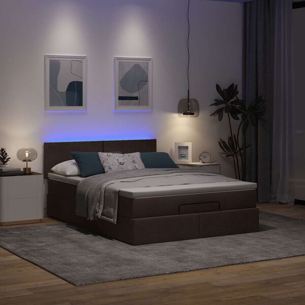 vidaXL Cama otomana con colch&oacute;n LED marr&oacute;n oscuro 140x190 cm tela