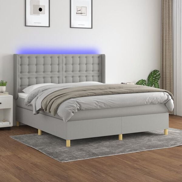 vidaXL Cama box spring colch&oacute;n y luces LED tela gris claro 160x200 cm