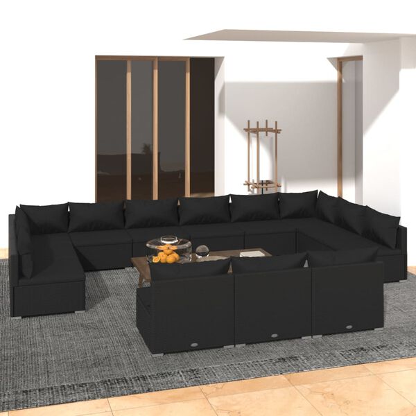 vidaXL Set de muebles de jard&iacute;n 13 pzas cojines rat&aacute;n sint&eacute;tico negro