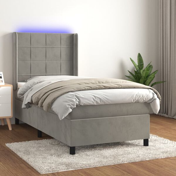 vidaXL Cama box spring colch&oacute;n y LED terciopelo gris claro 90x200 cm
