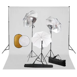 vidaXL Kit estudio fotogr&aacute;fico l&aacute;mparas, sombrillas, fondo y reflector