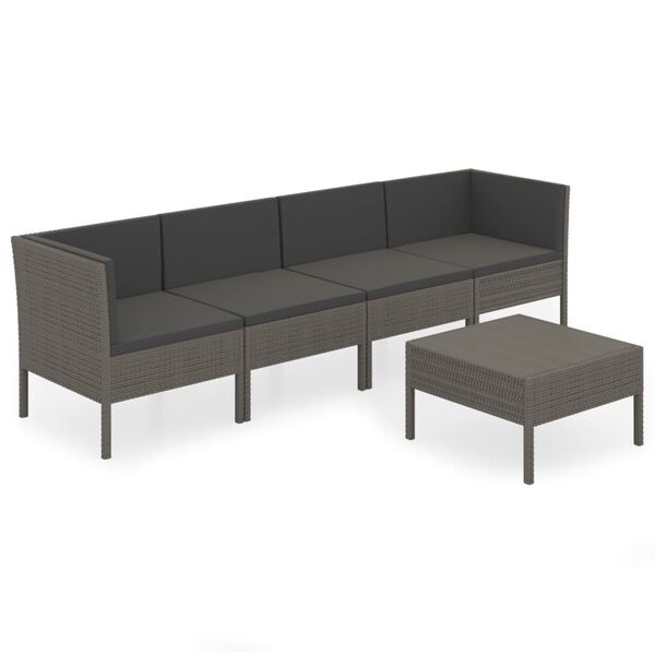 vidaXL Set de muebles de jard&iacute;n 5 pzas y cojines rat&aacute;n sint&eacute;tico gris