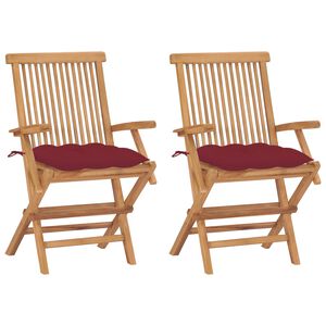 vidaXL Sillas plegables con cojines rojo vino (2 unidades) de madera maciza de teca.