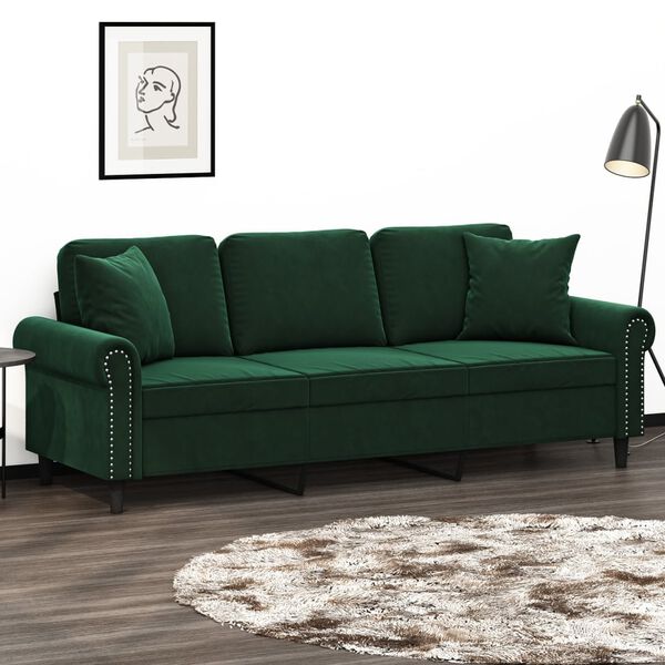 vidaXL Sof&aacute; 3 plazas almohadas y cojines terciopelo verde oscuro 180cm